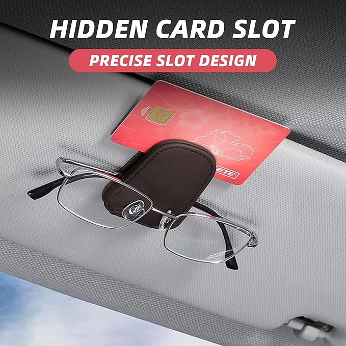 2PCS Sunglasses Holders for Car Sun Visor, Leather Eyeglasses Hanger Mounter, Magnetic Glasses Holder and Ticket Card Clip, Universal Auto Interior Accessories (Brown, 2PCS)