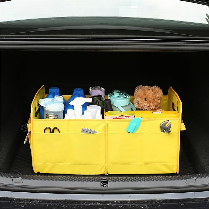 Car Suv Trunk Organizer,Sturdy Storage Organizer for Car Accessories,Tools,Sundries.Upgraded 4 Carrying Handles,72L,Foldable,Waterproof,Multi Compartment,2 Straps for Fixation (Yellow B)