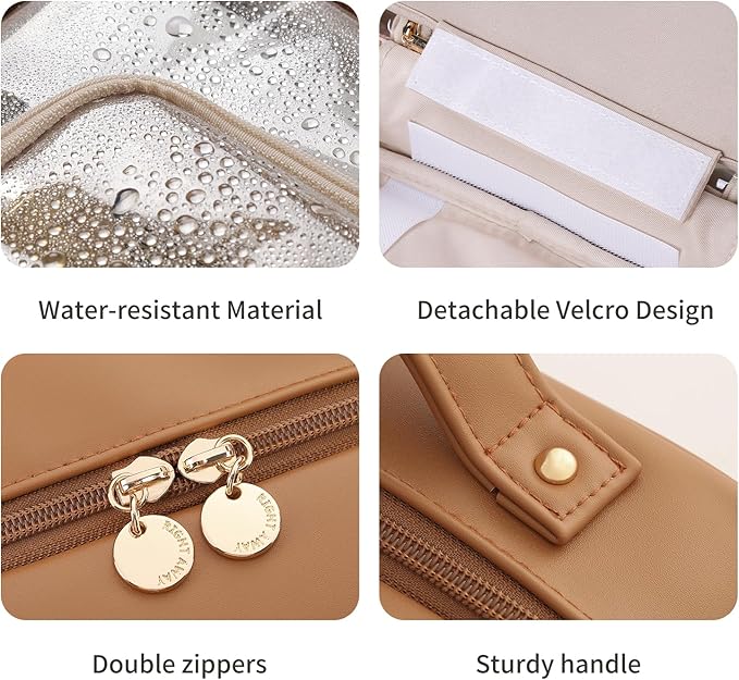 RIGHT AWAY Travel Toiletry Bag for Women, Makeup Bag& Cases, Waterproof Makeup Organizer Cosmetic Bag with Compartments,Portable Make Up Bag for Travel Size Toiletries,Skincare,Brushes Set,Brown