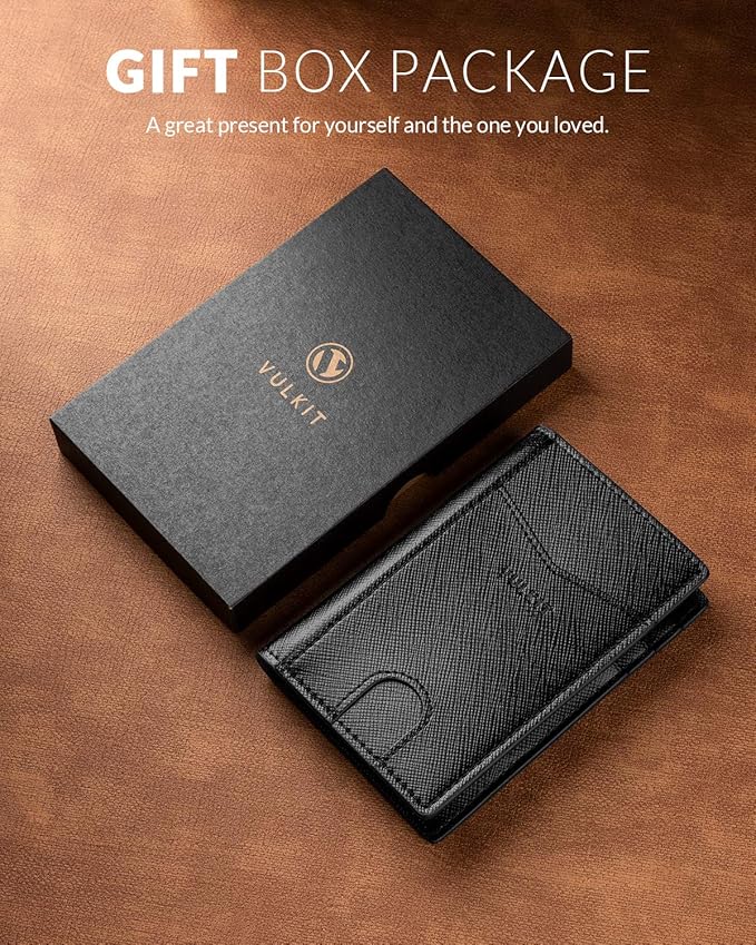 VULKIT Bifold Front Pocket Slim Wallet RFID Blocking Minimalist Thin Leather Credit Card Holder Wallet for Men and Women Cross Black