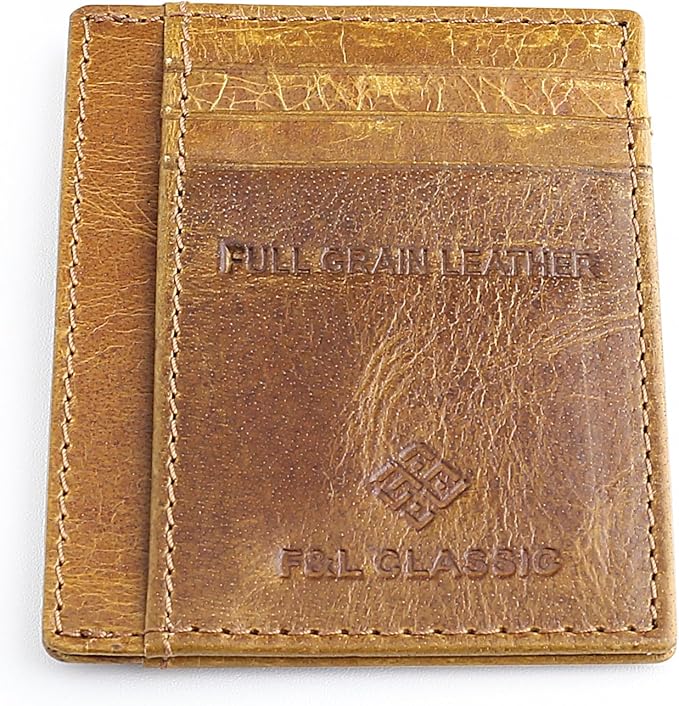 F&L CLASSIC Slim Minimalist Front Pocket leather card holder wallet, for men and women, RFID Blocking, light brown,10-03