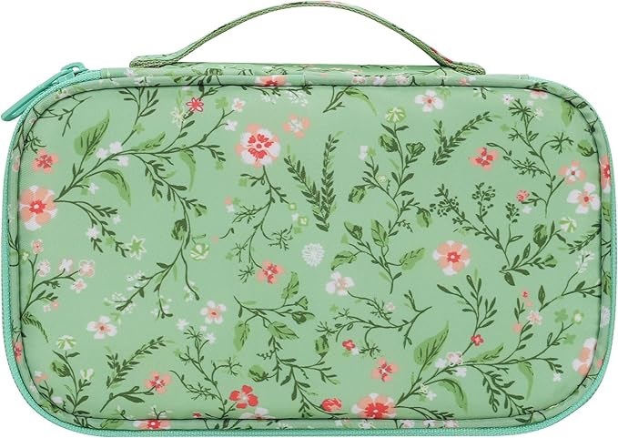 Relavel Small Makeup Bag, Travel Floral Cosmetic Bag with Makeup Brush Compartment, Portable Makeup Pouch for Women, Double Layer Makeup Organizer Bag Cute Toiletry Bag, Green Floral