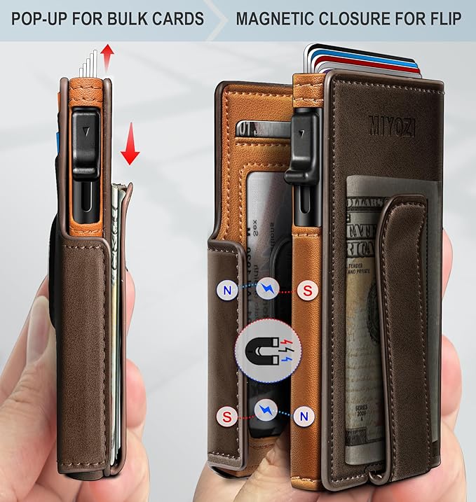 miyozi Airtag Wallet for Men,with Money Clip 10 Cards Metal Case Smart Slim Pop Up Credit Card Holder Flip with Magnetic Closure RFID Blocking wallet with Gift Box