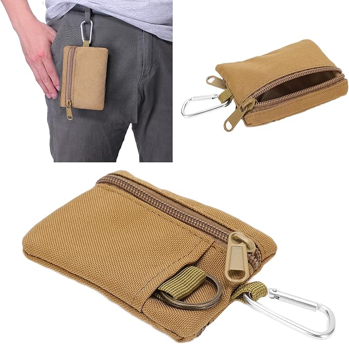 EDC Pocket Pouch, Mini Molle Pouch Wallet Tactical Keychain Pouches Multi Function Carabiner Gadget Utility Organizer Key Card Case Zipper Portable Military Outdoor Bag Tactics Waist(Brown)