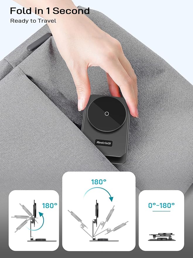 Compatible with MagSafe Charger, 15W Magnetic Charger Stand, 360°Rotation Base Adjustable Foldable Wireless Charger for Samsung Galaxy S26 Ultra/Z Fold7/Flip7/iPhone 17/Pixel 10 Pro/Pixel 10 Pro Fold