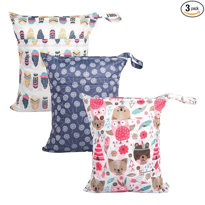 babygoal Wet Dry Bags for Baby Cloth Diapers, Washable Travel Bags, Beach, Pool, Gym Bag for Swimsuits & Wet Clothes with Two Zippered Pockets 3 Pack, 3LN11