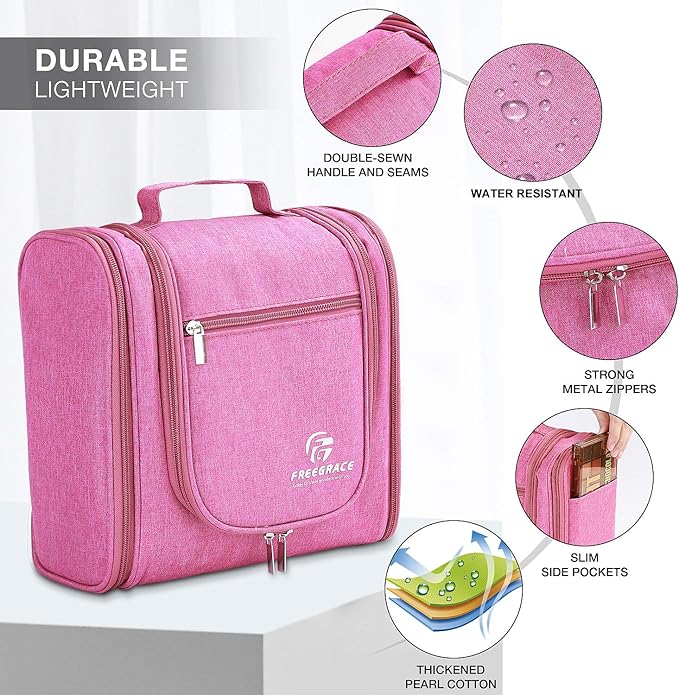 Freegrace Extra Large Hanging Toiletry Bag for Men and Women - Water-Resistant Nylon Travel Bathroom Organizer for Cosmetics, Makeup, and Toiletries
