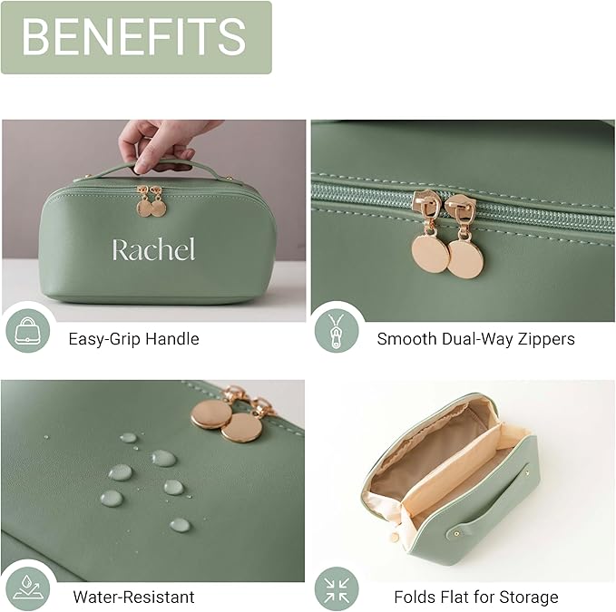 Personalized Travel Makeup Bag, Large Capacity Cosmetic Bags for Women, PU Leather Water-Resistant Portable Pouch Open Flat Toiletry Bag Make up Bag with Divider and Handle (Green)