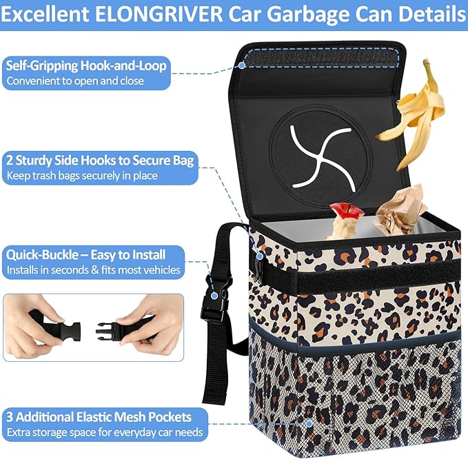 ELONGRIVER Car Trash Can Bin for Back Seat Leak Proof, Cute Car Trash Bag Hanging, Vehicle Trash Can for SUV Truck Van, Automotive Garbage Cans Front Seat Leopard Print, 2 Gallons