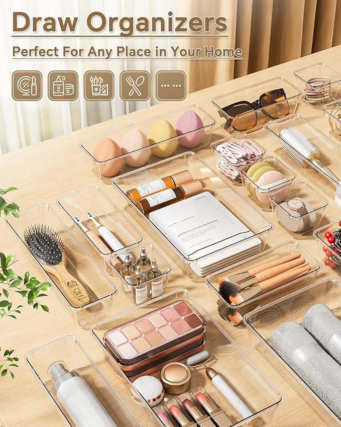 KEMETHY 25 PCS Plastic Drawer Organizers Set, 4 Sizes Vanity Organizer, Makeup and Desk Drawer Organizer Trays, Organization and Storage for Makeup, Bathroom, Kitchen Utensils and Office (Clear)