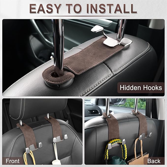 GaRhomxy Car Seat Headrest Hook, Premium Suede Double Hook 2 Pack, Universal Hanging Accessories for Purse, Bag, Groceries - Car Interior Accessories (Brown)