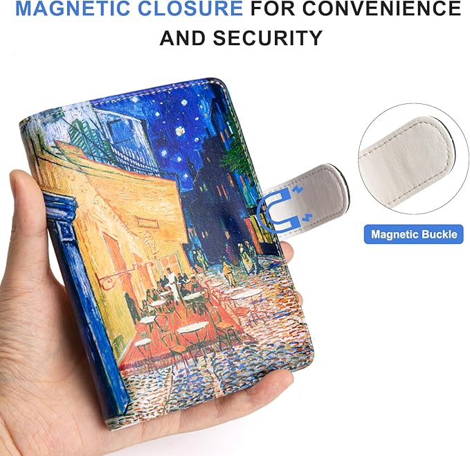 Passport Holder for Travel Essentials, RFID Blocking Passport Wallet Cover with Magnetic Closure, Passport Book Holders for Women and Men (Cafe Terrace at Night)