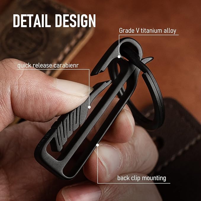 FEGVE Titanium Key Belt Clip with Key Ring, Belt Key Holder Key Chain Clip Black Keychain for Men
