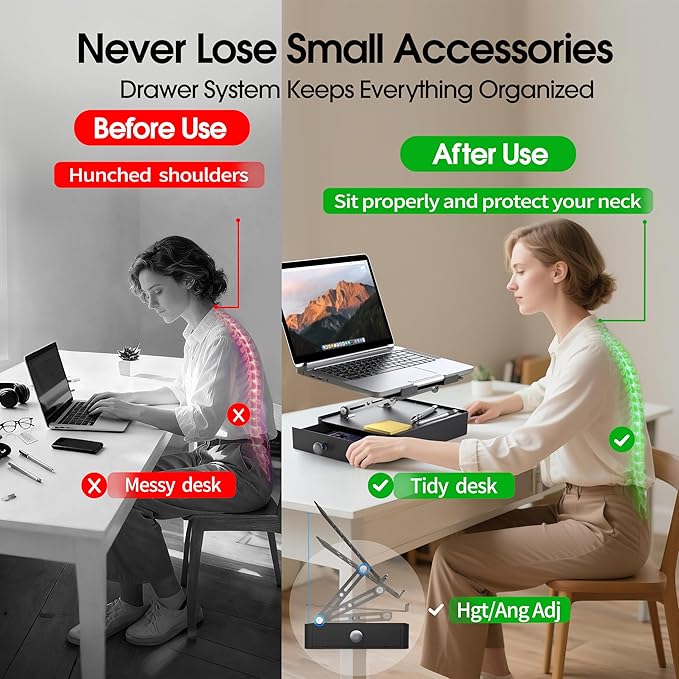 Laptop Stand with Storage Drawer, Adjustable Ergonomic Laptop Riser for Desk, Heavy-Duty Metal Stand for 10??6??Laptops, Space-Saving Desk Organizer for Remote Work & Home Office, Gray