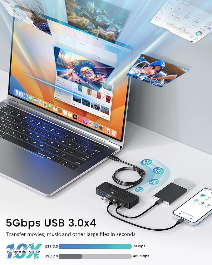 Aceele USB C Hub, USBC to 4-Ports USB 3.0 Hub with Type C Power Port and Individual On/Off Switches, 5Gbps USB C Splitter with 3.3ft Long Extender Cable Compatible for Laptops, MacBook Pro/Air