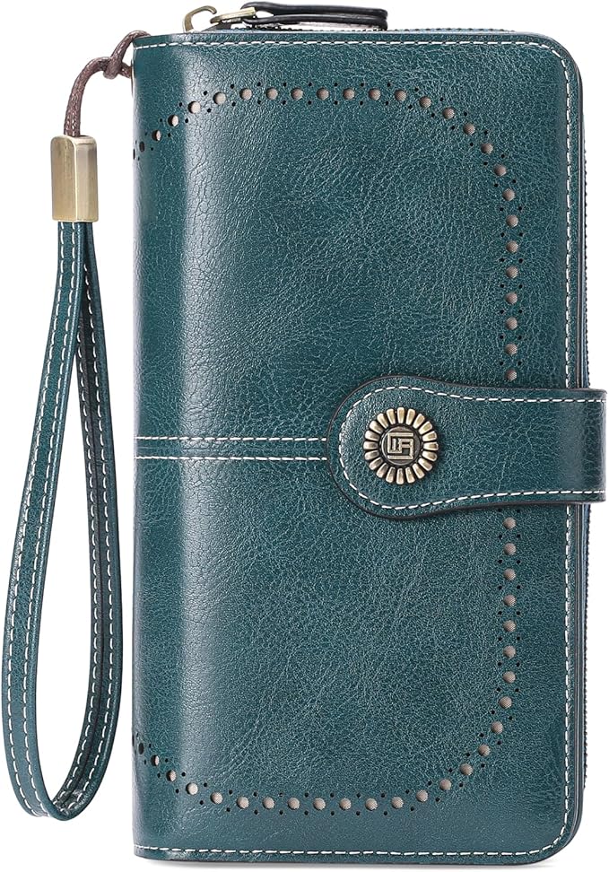 RNIEGA Womens Wallet Leather Billfold RFID Blocking Credit Card Holder Wristlet Wallets for Women Ladies Purses with Zipper Coin Pocket