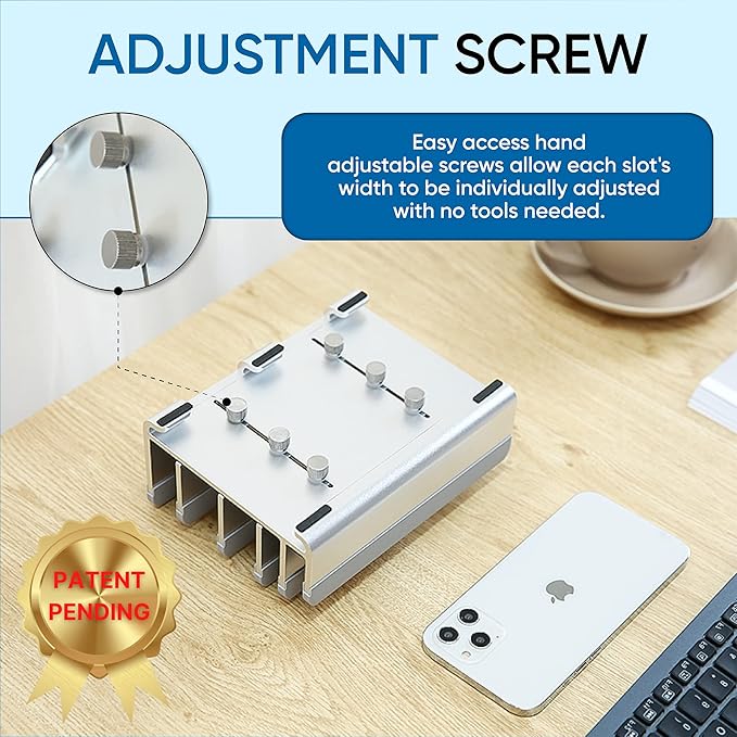 Elestoria 5- Slot Vertical Laptop Stand - Aluminum Laptop Stand Vertical for Desk - Adjustable Width (12-38mm) Fits MacBook Pro/Air, Surface & Gaming Laptops upto 17.3"-Heavy Duty Laptop Holder-Silver