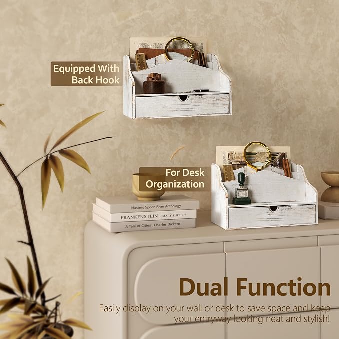 Pine Wooden Mail Organizer for Desk - Retro Farmhouse Mail Holder Countertop with Drawer & Dividers - 4-Slot Letter Holder for File & Office Accessories - Office Organizer for Home Decor (Whitewash)