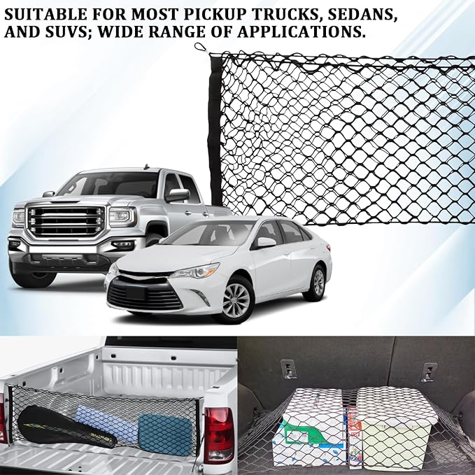 Car Rear Cargo Net, Adjustable Elastic Car Trunk Cargo Storage Net with Hooks, Automotive Double-Layer Black Nylon Tailgate Net Exterior Accessories for Most Cars, SUVs, Trucks (43.3"x 15.7")