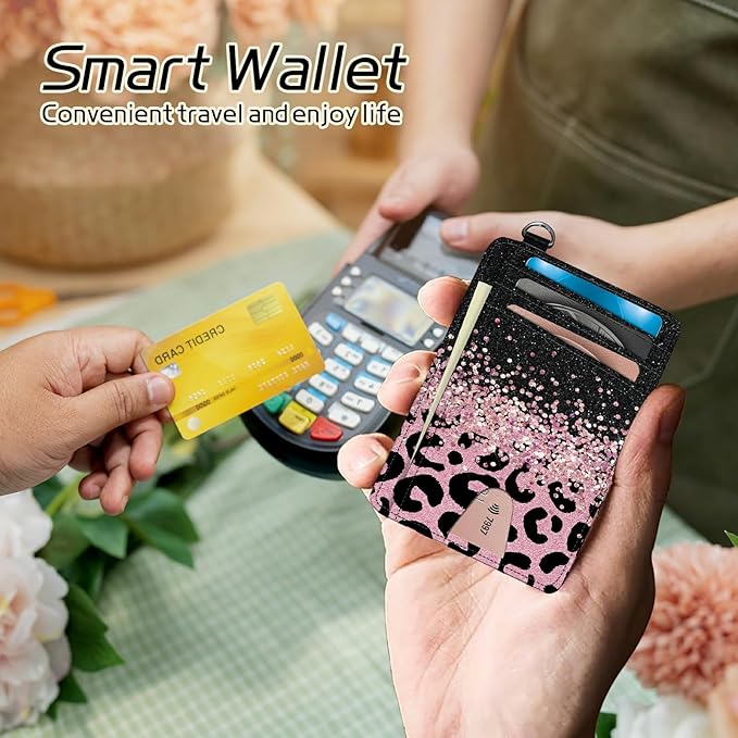Small Travel Wallets, Pink Glitter Leopard Slim Minimalist Front Pocket Wallet with Wristlet, RFID Blocking PU Leather Credit Card Holder with ID Window Change Purse for Men Women