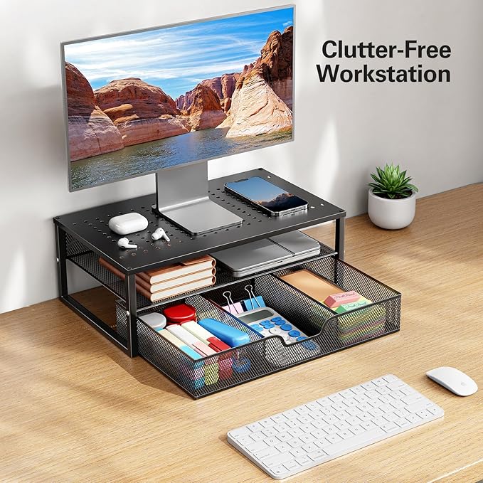 HUANUO 2 Tier Monitor Stand, Metal Monitor Riser with Storage, Computer Desk Organizer with Drawer for Laptop, Computer, PC, Black