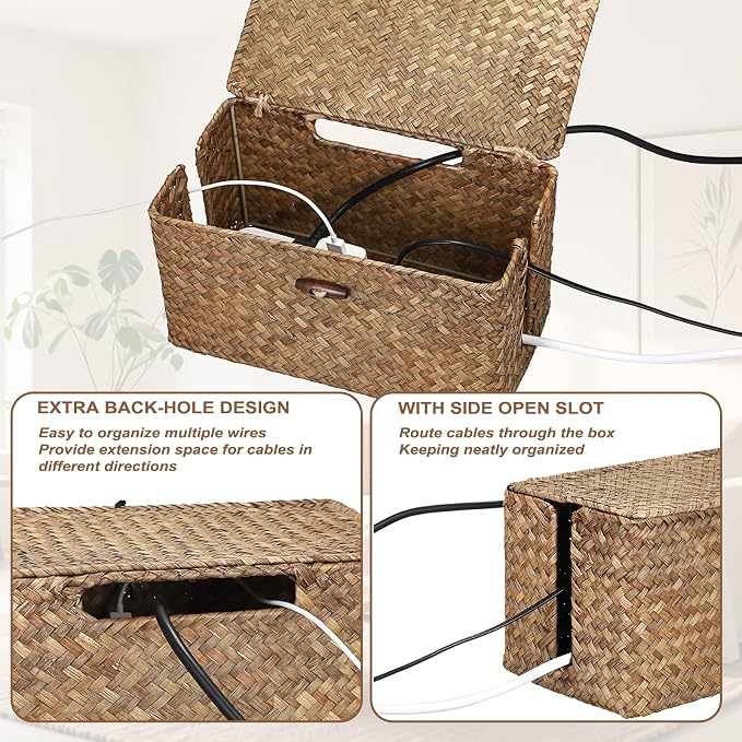 BTSKY Woven Cable Management Box with Lid, Seagrass Cord Organizer with 2 Open Slots for Power Strips & USB Hubs, Under Desk Cord Hider Box for Home Office, Pet Proofing Wire Basket, Small