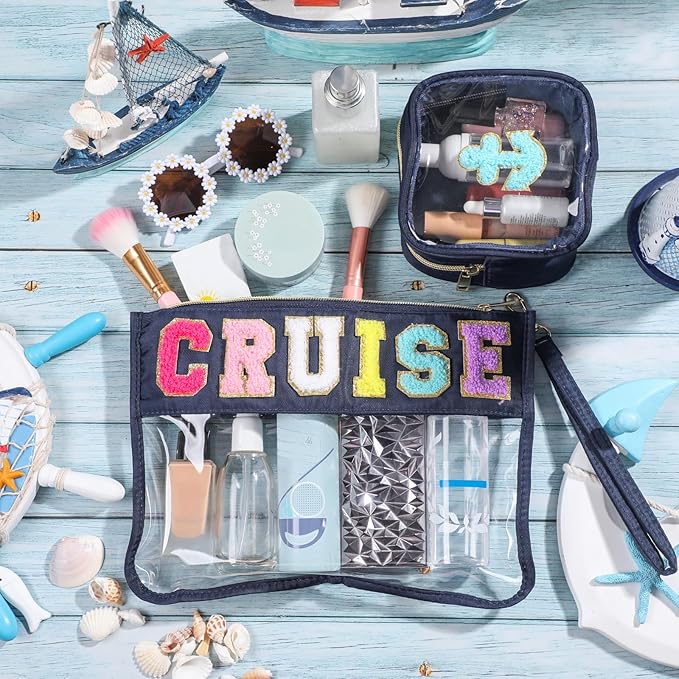 Hillban 2 Pcs Cruise Gifts Chenille Letter Bags Nautical Anchor Makeup Cosmetic Bags Sunscreen Clear Toiletry Travel Pouch Waterproof Purse Sailboat Cruise Survival Kit Portable Storage Organizer