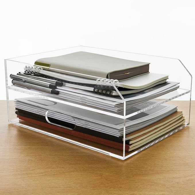 2 Tier Paper Organizer Letter Tray - Acrylic Tray Organizer for Desk, Paper Sorter Organizer for Letter/A4 Office File Folder Holder - Crystal-Clear File Organizer