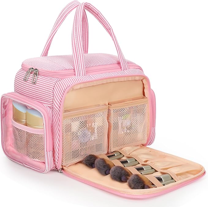 Travel Makeup Bag, Lightweight Wide-open Toiletries Bag for Women, Large Cosmetic Organizer Bag with Makeup Brushes Compartment for Travel-Sized Essentials for Trip, Camping - Pink Strip