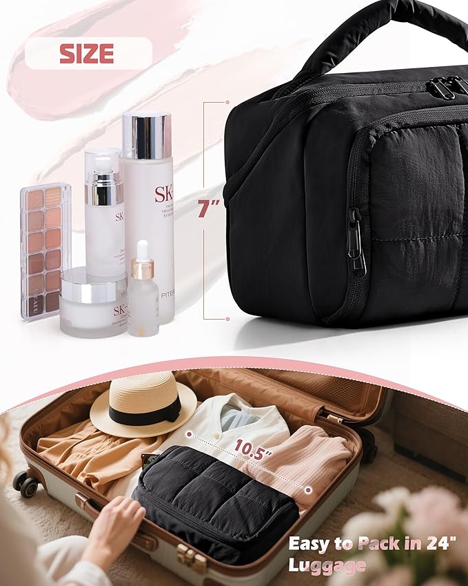 Marscamd Travel Makeup Bag for Women, Toiletry Organizer with Waterproof Pockets, Puffy Cosmetics Pouch for Makeup Brushes, Skincare & Travel Essentials, Black (Bag only)