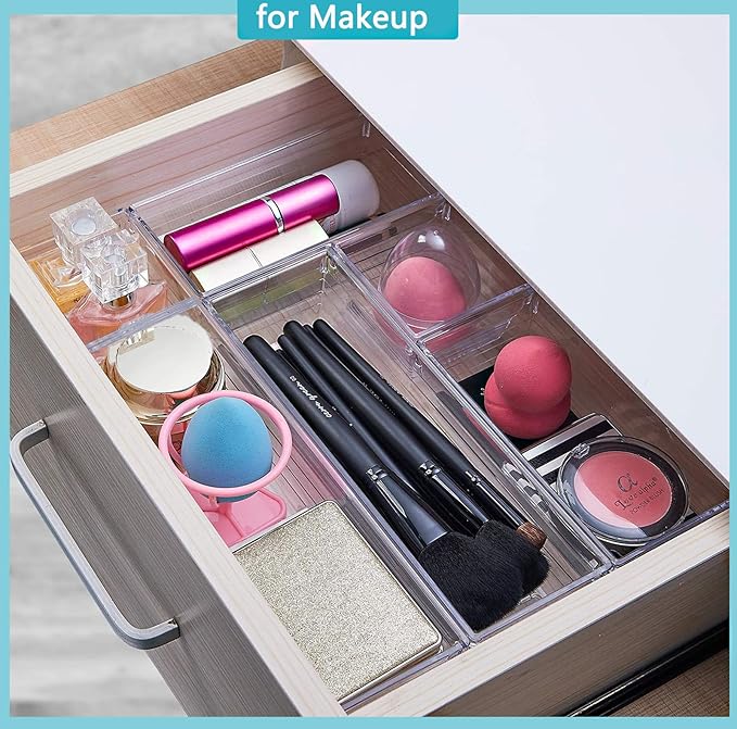 DCA 12 Pack Clear Drawer Organizer, 4 Sizes Makeup organizer, Vanity Organizer for Gadgets,Kitchen,Bathroom,Office
