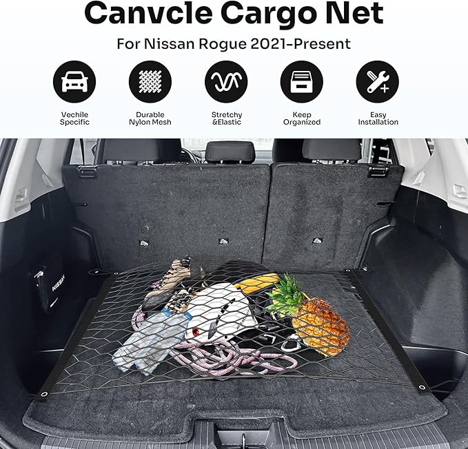 Canvcle Trunk Cargo Net for 2021-2025 2026 Nissan Rogue Accessories Envelope Style Mesh Trunk Net Organizer and Storage Stretchable Adjustable Elastic Nylon Rear Cargo Netting with Hooks