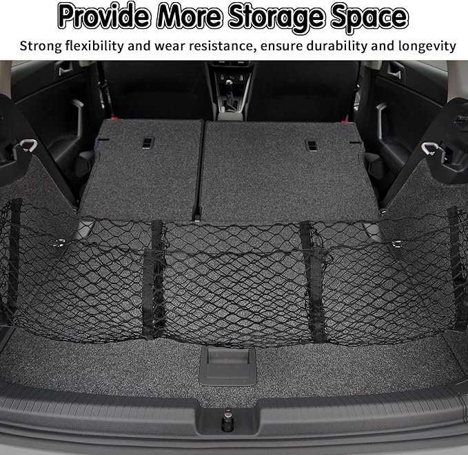 Tallew 2 Pcs Car Rear Cargo Net, Adjustable Elastic Mesh Cargo Net, 3 Pocket Heavy Duty Trunk Bed Storage Organizer, Universal for Car SUV Vehicle Pickup Truck with Accessories(43.3 x 15.7 Inches)