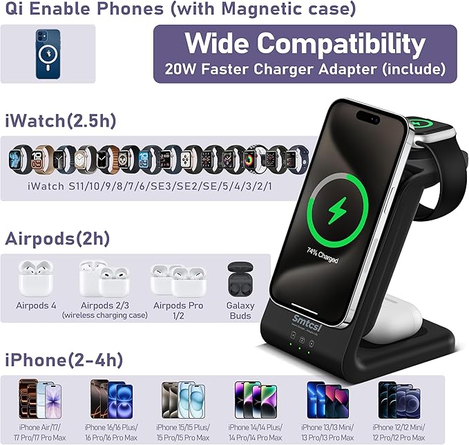 Smtcsl 3 in 1 Wireless Charging Station: 10000mAh Removable Power Bank Charger Stand for Phone/Watch/Air Pods - Portable Magnetic Battery Pack for Air 17 16 15 14 13 12 Series