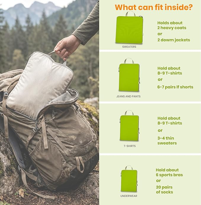 Compression Packing Cubes for Travel, Set of 4 Expandable Luggage Organizers with Shoe Bag, Lightweight Water-Resistant Suitcase Essentials for Carry-on & Checked Luggage,Green