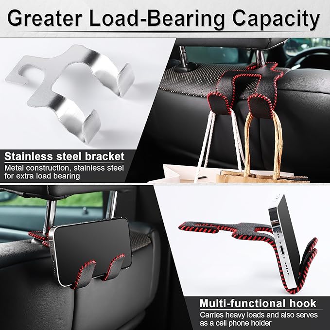 LivTee Upgraded Superior Leather Car Seat Back Headrest Hook, 2 in 1 Auto Seat Hook Hangers Holder Organization Interior Accessories for Purses Coats Umbrellas Grocery Bags Handbag (Black/Red)