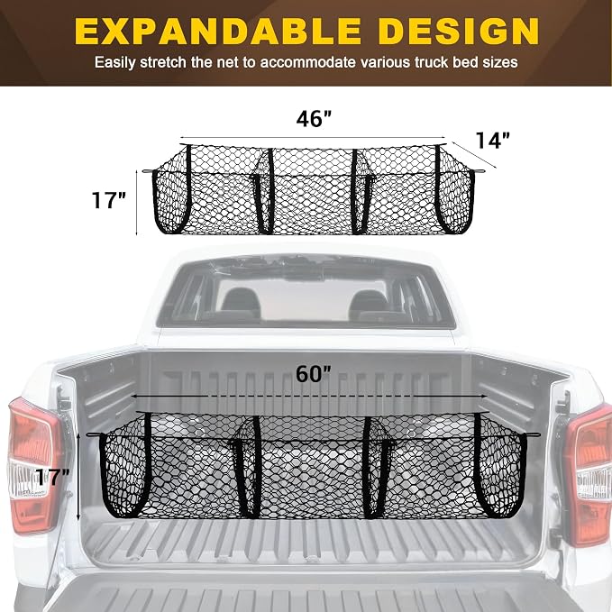 BUMBEE Heavy Duty Mesh Cargo Net 3 Pocket Trunk Bed Storage for 2005-2024 Toyota Tacoma Car, SUV, Pickup Truck Bed with Metal Carabiners Storage Bag(46x14x17Inch)