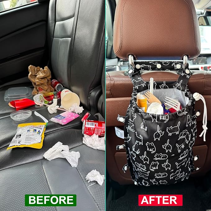 FLOCK THREE Leak-Proof Waterproof Car Trash Bag Foldable Multipurpose Trash bin Container Storage Cute Grocery Organizer Bag for Automotive Front or Back Seat in Cars SUVs and Trucks (Black Cats)