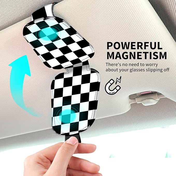 Leather Magnetic Sunglass Holder for Car Sun Visor, Cute Eyeglass Ticket Card Hanger Clip, Universal Auto Interior Accessories for SUV Pickup Truck Black White Checker