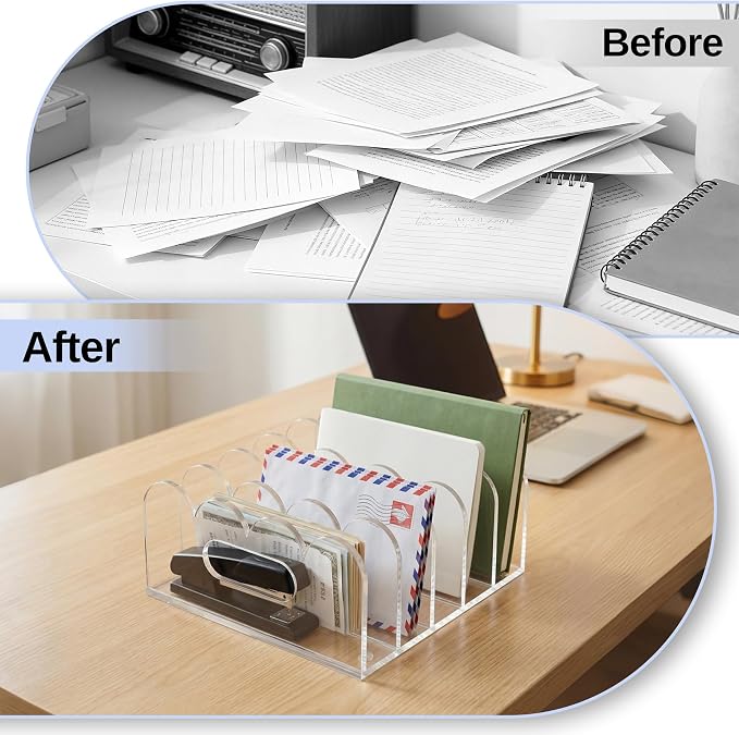 5-Compartments Acrylic Mail Organizer for Desktop, Scalloped Mail Sorter Organizer, Space Saving Acrylic File Organizer for Letter File Bills, Clear