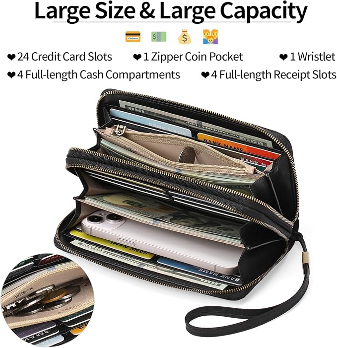 GAEKEAO Wallet for Women Clutch RFID Blocking Wristlet Leather Purse Large Capacity Credit Card Holder with Grip Hand Strap
