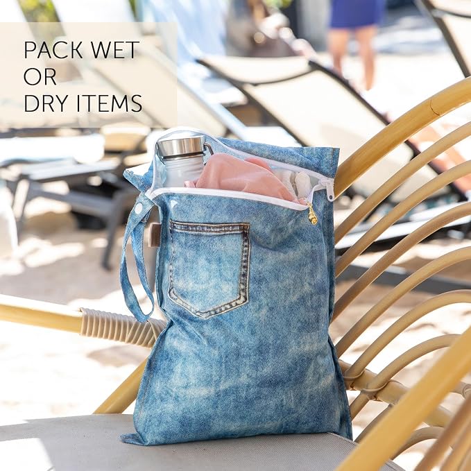 Bumkins Roamio Wet Bag and 3-Pack Clear-Sided Travel Pouches, Waterproof Fabric Organizer for Toiletries, Gym Clothes, Swim Gear, Shoes, Accessories, TSA Compliant Packing Set, Faux Denim 4-pc Set