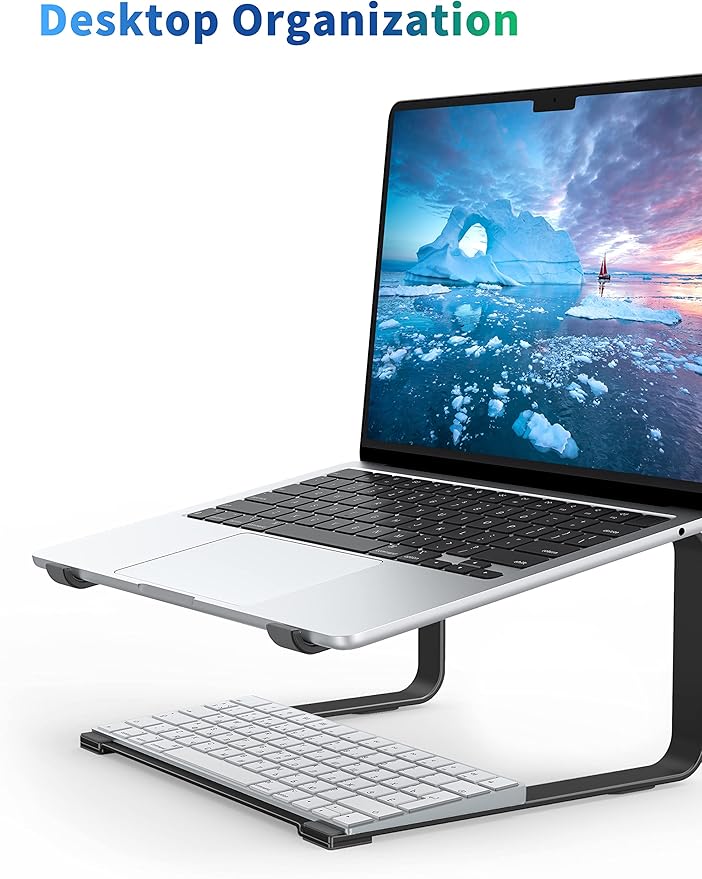 SOUNDANCE Laptop Stand for Desk, Ergonomic Metal Computer Riser for 12-17.3 Inch Laptops, Heavy Duty Stable Desktop Holder, Improves Eye Level & Workspace Organization, Black