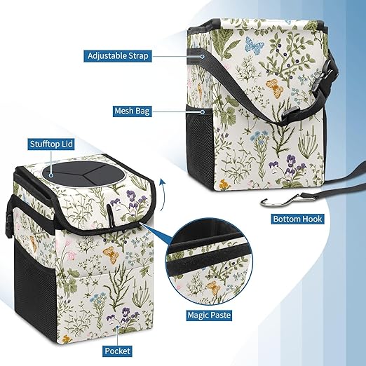 Car Trash Can with Lid Vintage Botanical Wildflowers Collapsible Reusable Leak-Proof Auto Garage Bag,Hanging Vehicle Car Accessories Interior Car Organizer
