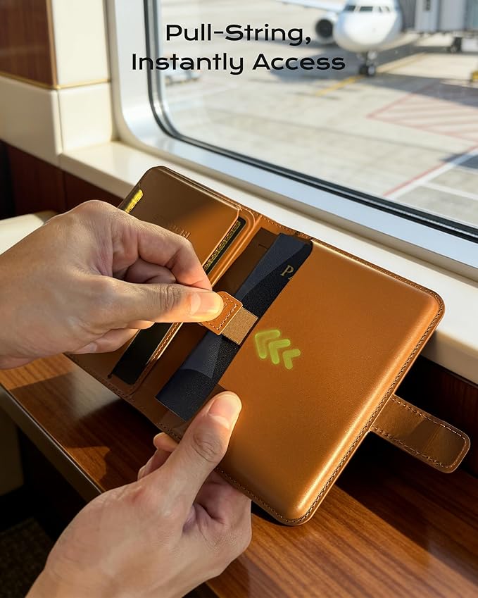 Stouchi AirTag Passport Holder with Detachable Magnetic Card Case, Passport Holder for Travel, RFID-blocking, 1-Second Pull Strap & One-Hand Access, Premium Vegan Leather Travel Document Organizer