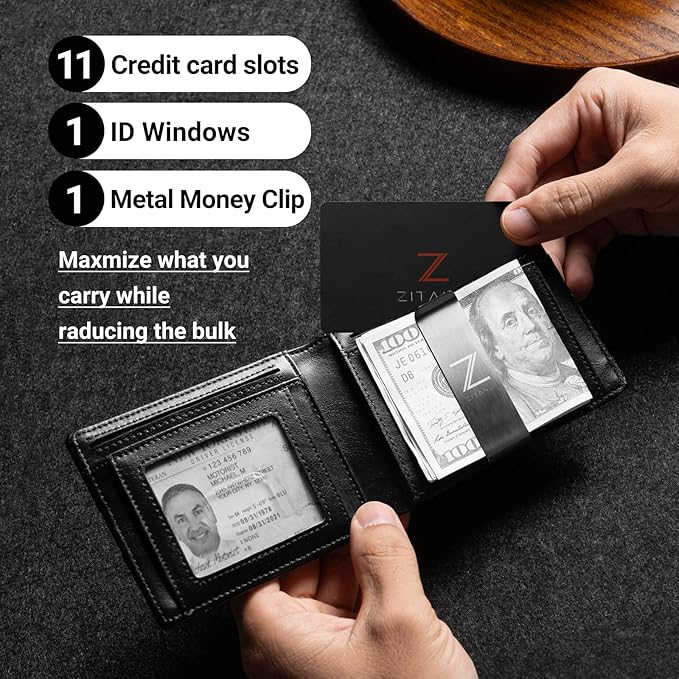 Zitahli Slim Wallet for Men with Money Clip, Minimalist Front Pocket RFID Blocking Leather Wallets Bifold Credit Card Holder, 11 Card Slots and ID Window with Gift Box