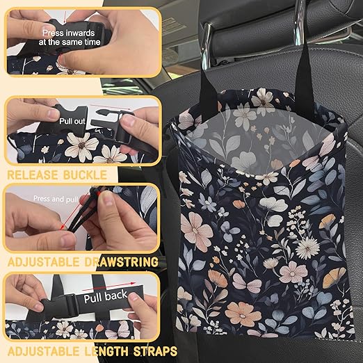 Watercolor Spring Floral Car Trash Bag, Hanging Drawstring Car Garbage Bag,Canvas Car Back Seat Organizer with Adjustable Buckle for Men and Women