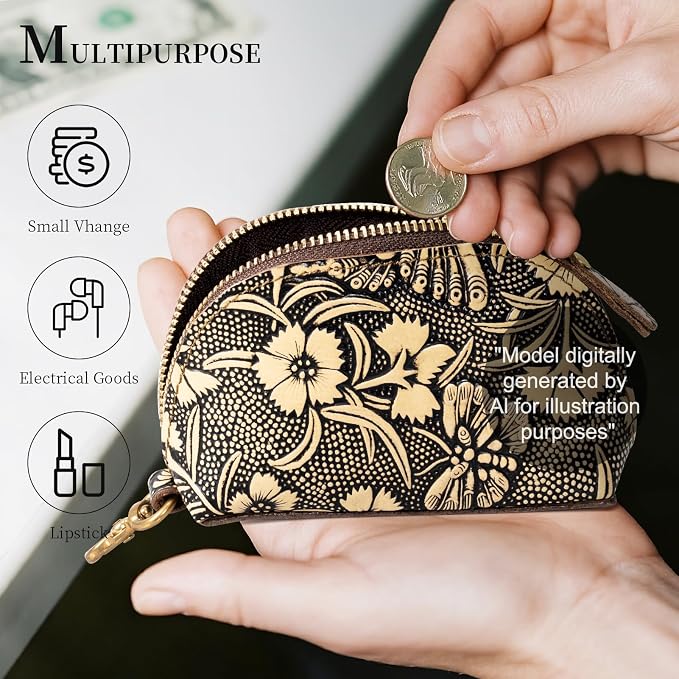 Gexmil Genuine Leather Coin Purse with Zipper, Full Grain Leather, Mini Coin Pouch for Women Men, Change Wallet,Butterfly Grey