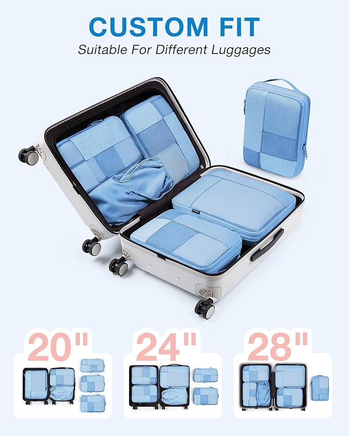 BAGSMART Compression Packing Cubes, Durable Travel Packing Cubes for Carry-On Suitcase, Lightweight Compressible Luggage Organizer Cruise Ship Travel Essentials, 6-Pack 1L+3M+1S+Shoe Bag, Sky Blue