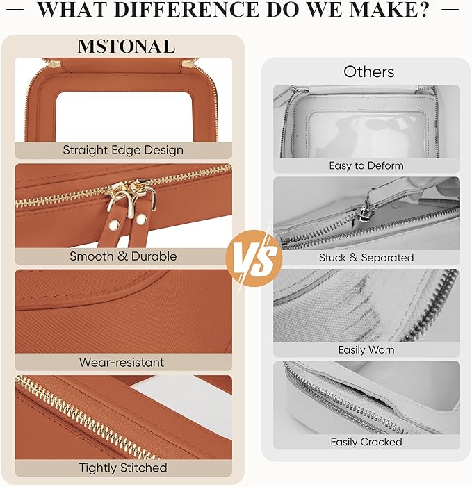 Clear Makeup Bag, Travel Toiletry Bag Cosmetic Case for Women, Waterproof Portable Make Up Skincare Pouch with Zipper, Compact Car Organizer Bag for Essentials, Medium Size, Brown